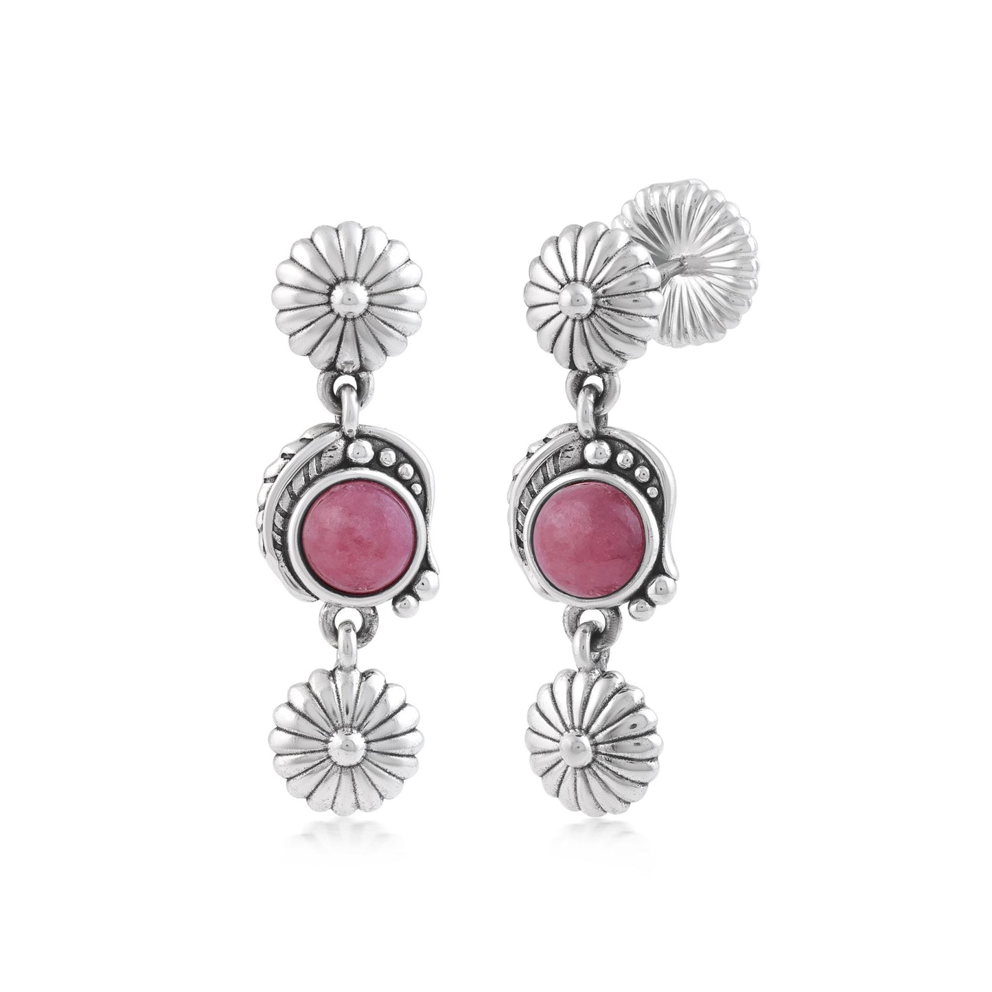 Sterling Silver Rhodonite Leaf and Flower Dangle Earrings