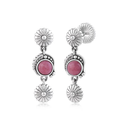 Sterling Silver Rhodonite Leaf and Flower Dangle Earrings