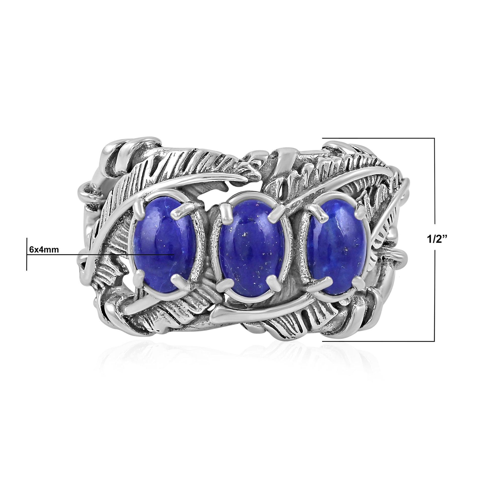 Sterling Silver Lapis Three Stone Feather Ring