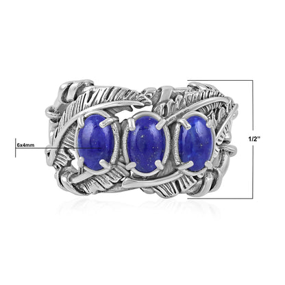 Sterling Silver Lapis Three Stone Feather Ring