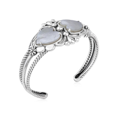 EXCLUSIVELY OURS! Sterling Silver White Mother of Pearl Double Heart Cuff Bracelet, Sizes Small to Large