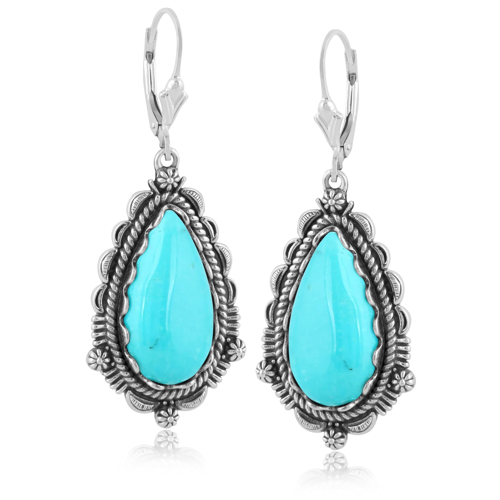 Sterling Silver & Turquoise retail Earrings, Dangle and Drop, Oval Shape, 925 Jewelry, Signed F Sterling