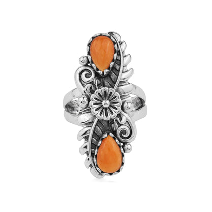 Sterling Silver Orange Spiny Oyster Pear-Cut Leaf and Flower Ring, Sizes 5 to 7