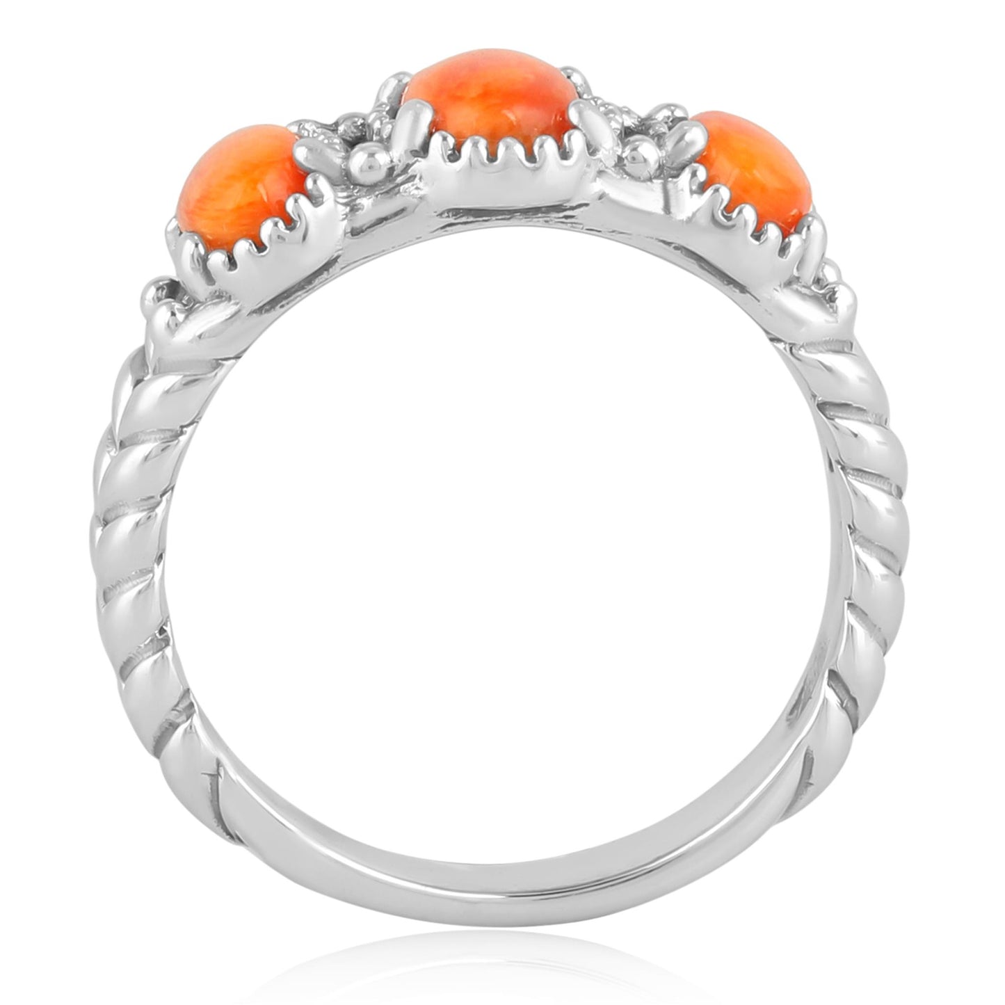 Sterling Silver Orange Spiny Oyster Gemstone 3-Stone Ring, Sizes 5 to 10