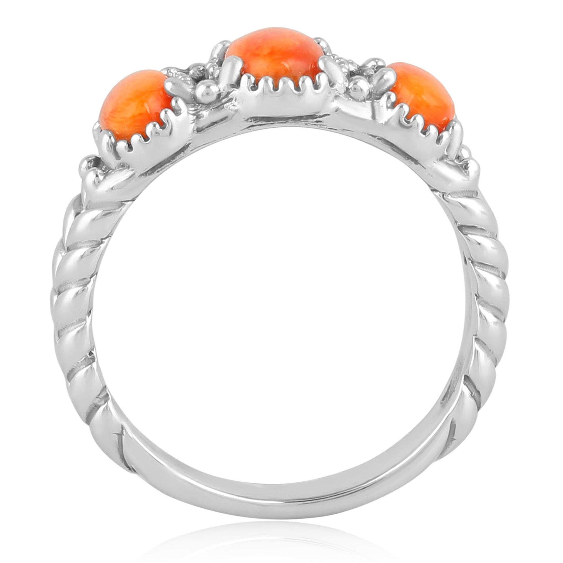 Sterling Silver Orange Spiny Oyster Gemstone 3-Stone Ring, Sizes 5 to 10