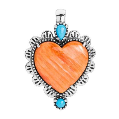 Sterling Silver Orange Spiny Oyster & Blue Turquoise Gemstone Concha Heart Pendant Enhancer