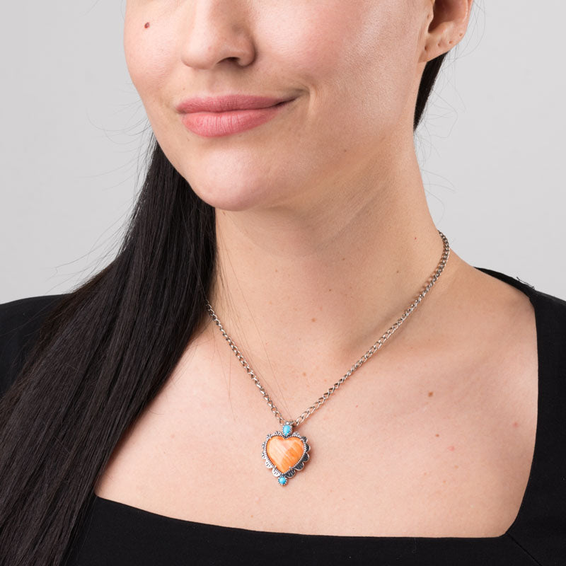 Sterling Silver Orange Spiny Oyster & Blue Turquoise Gemstone Concha Heart Pendant Enhancer