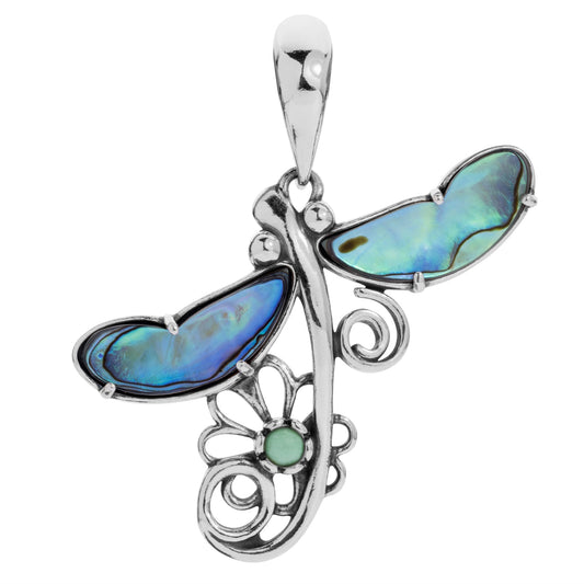 Sterling Silver Abalone Shell and Green Variscite Gemstone Fritz Casuse Dragonfly Pendant Enhancer