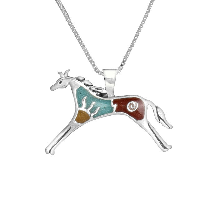 Sterling Silver Turquoise, Yellow &amp; Red Jasper Gemstone Inlay Symbol Horse Pendant Necklace 18 Inch