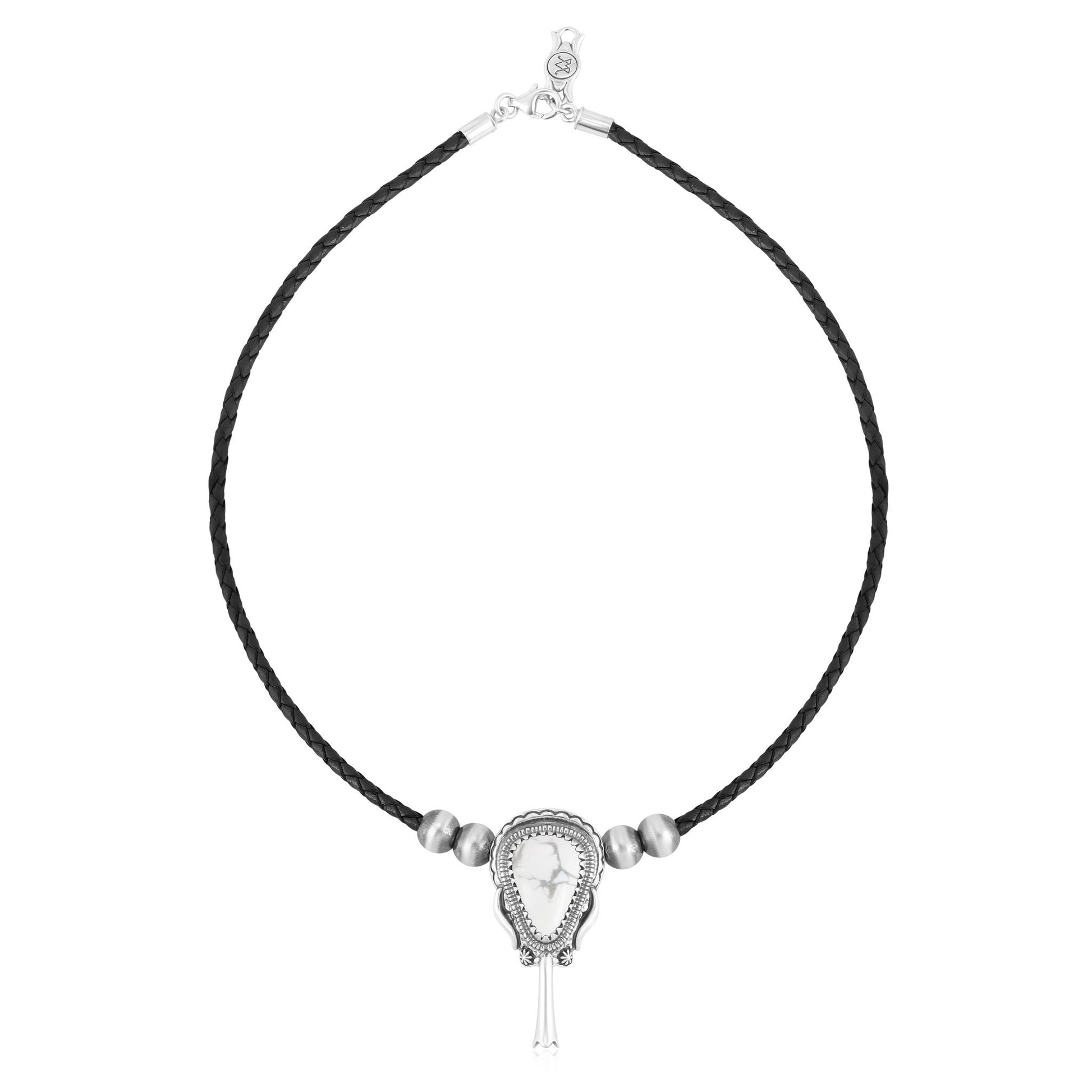 Sterling Silver White Howlite Black Leather Squash Blossom Necklace