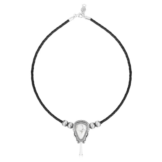 Sterling Silver White Howlite Black Leather Squash Blossom Necklace