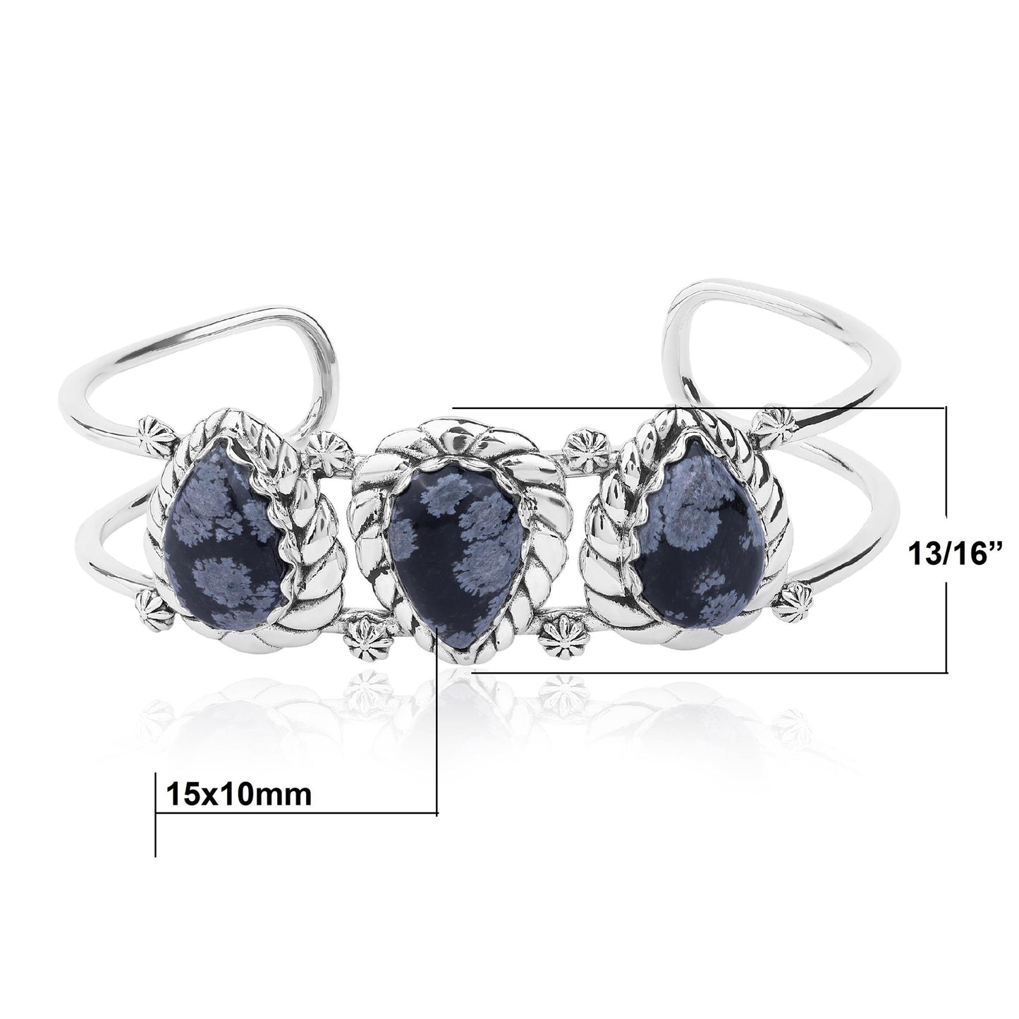 LIMITED EDITION! Sterling Silver Snowflake Obsidian Pear Cut Rope Design Cuff Bracelet, Sizes Small to Large