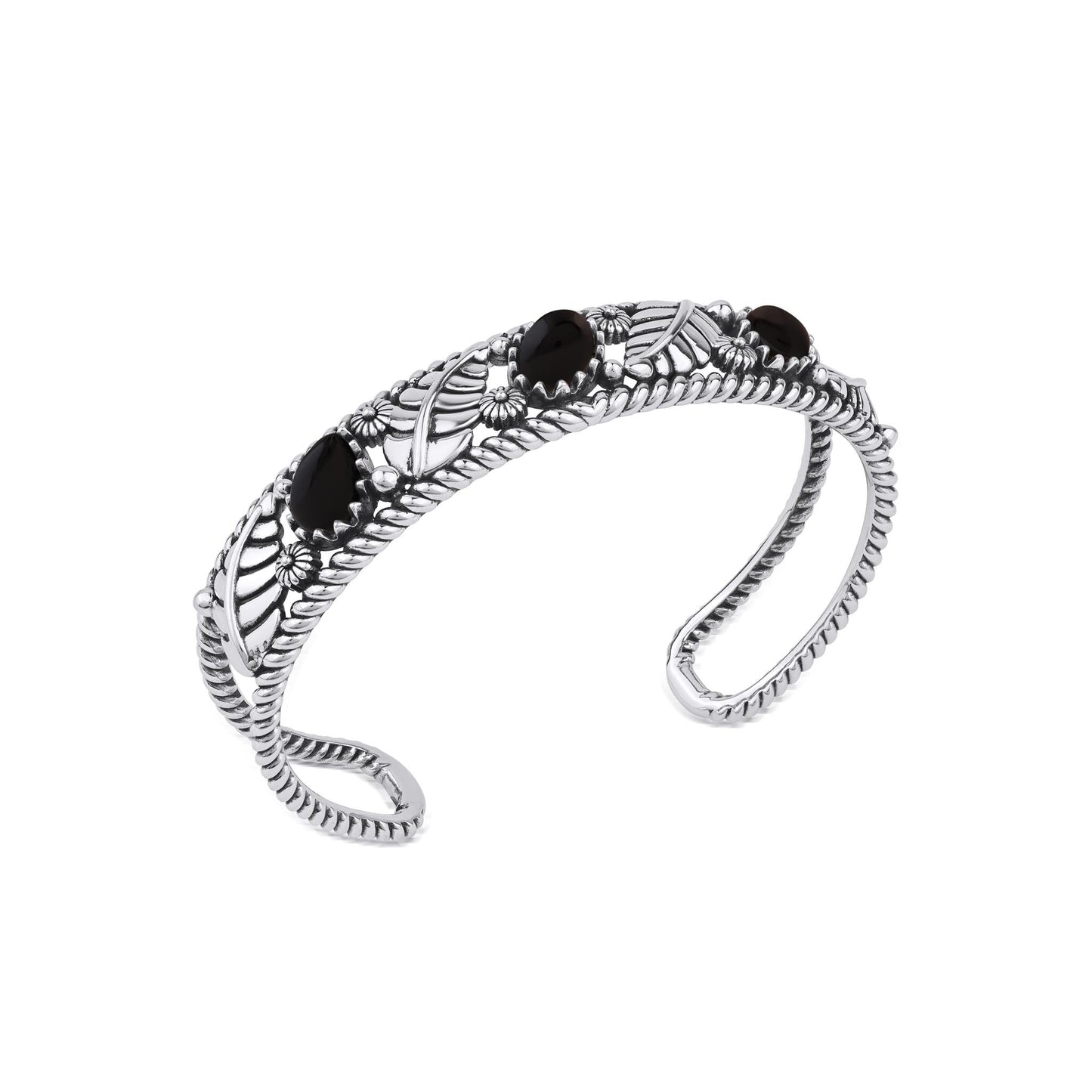  Sterling Silver Black Onyx Oval and Pear Leaf Cuff Bracelet