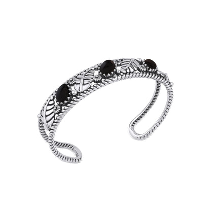  Sterling Silver Black Onyx Oval and Pear Leaf Cuff Bracelet