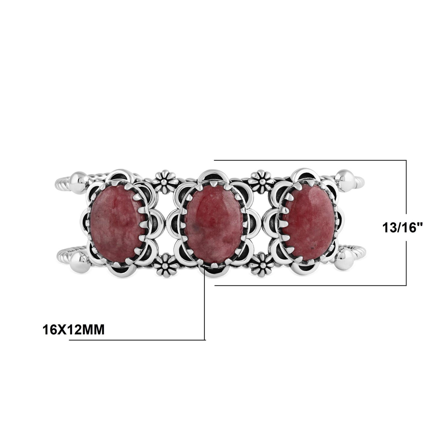 Sterling Silver Rhodonite Oval Scallop Concha Cuff Bracelet