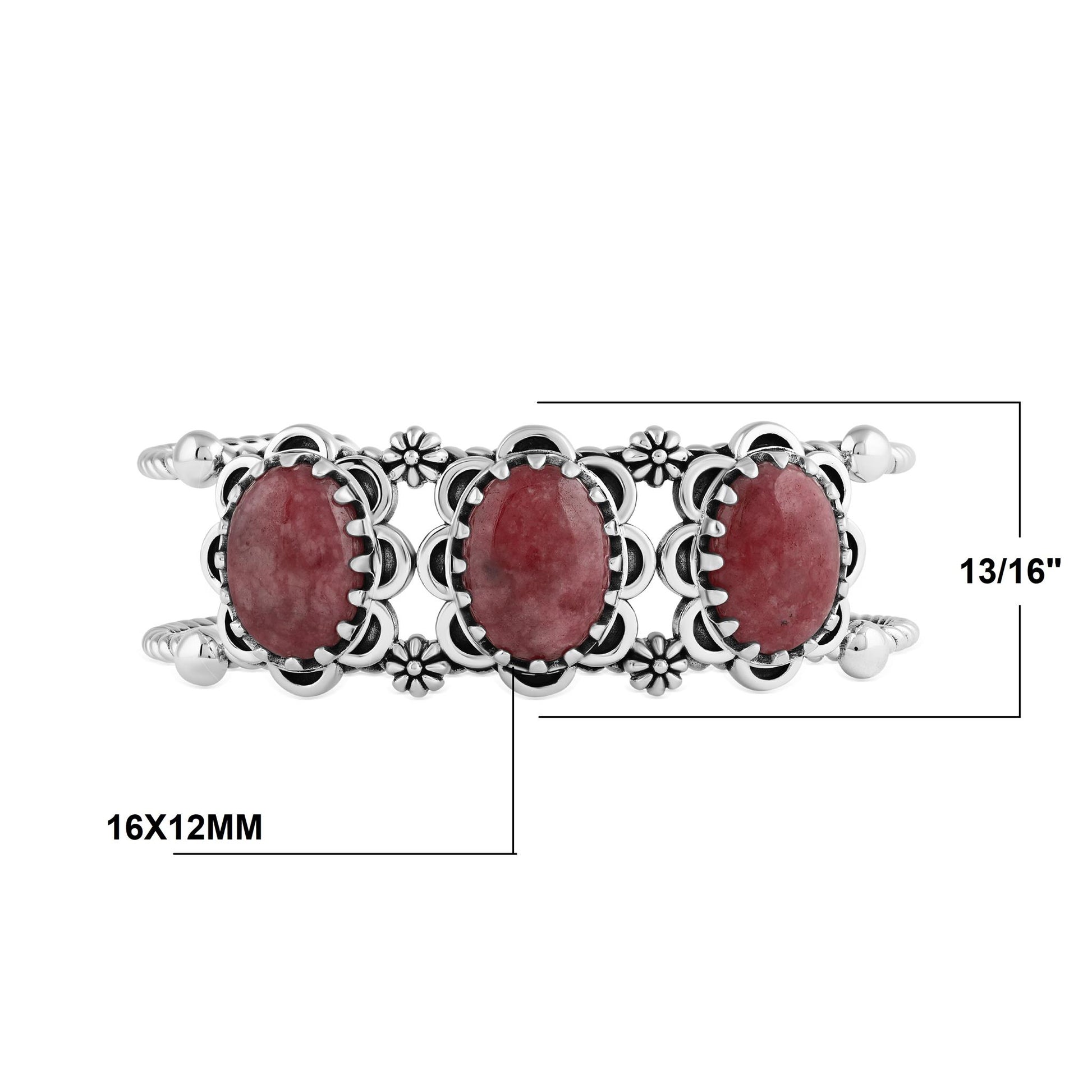 Sterling Silver Rhodonite Oval Scallop Concha Cuff Bracelet