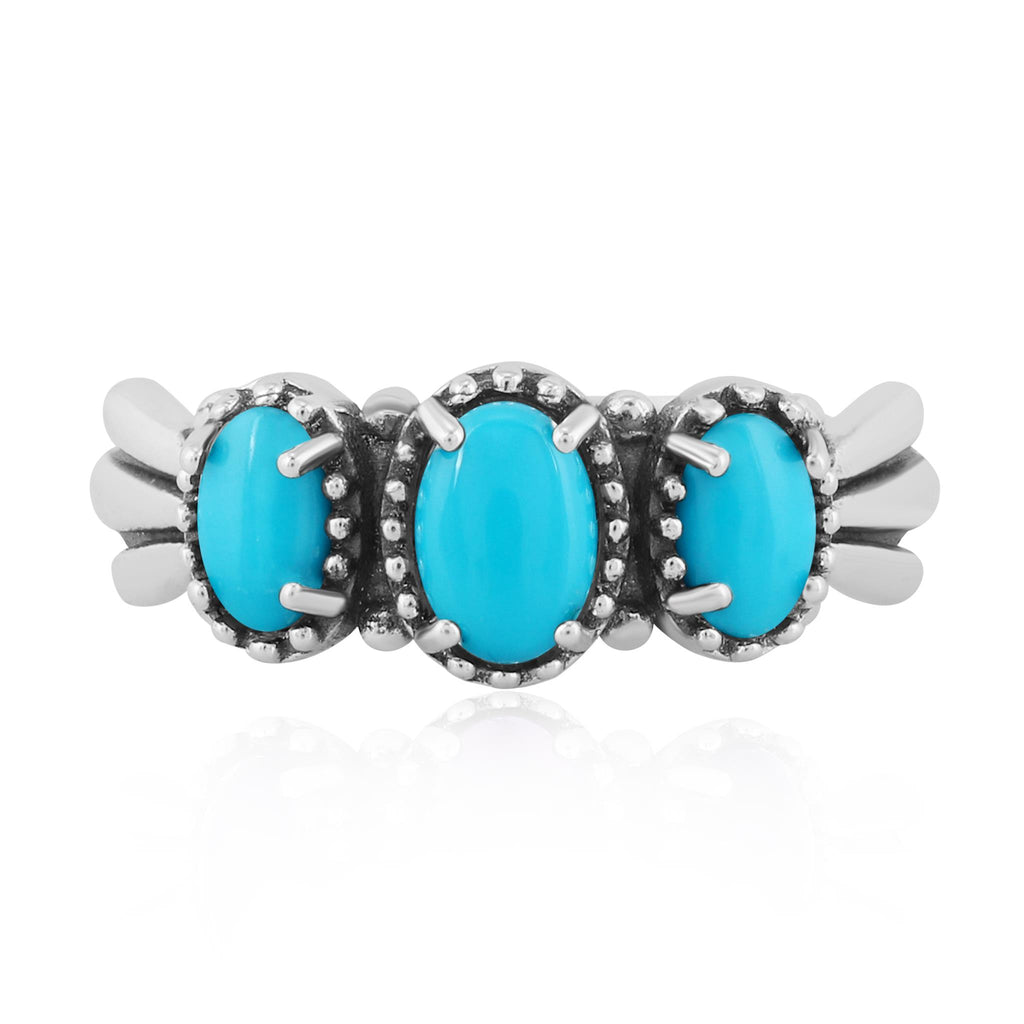 Sterling Silver Sleeping Beauty Turquoise 3-Stone Fan Ring, Sizes 5 to 11