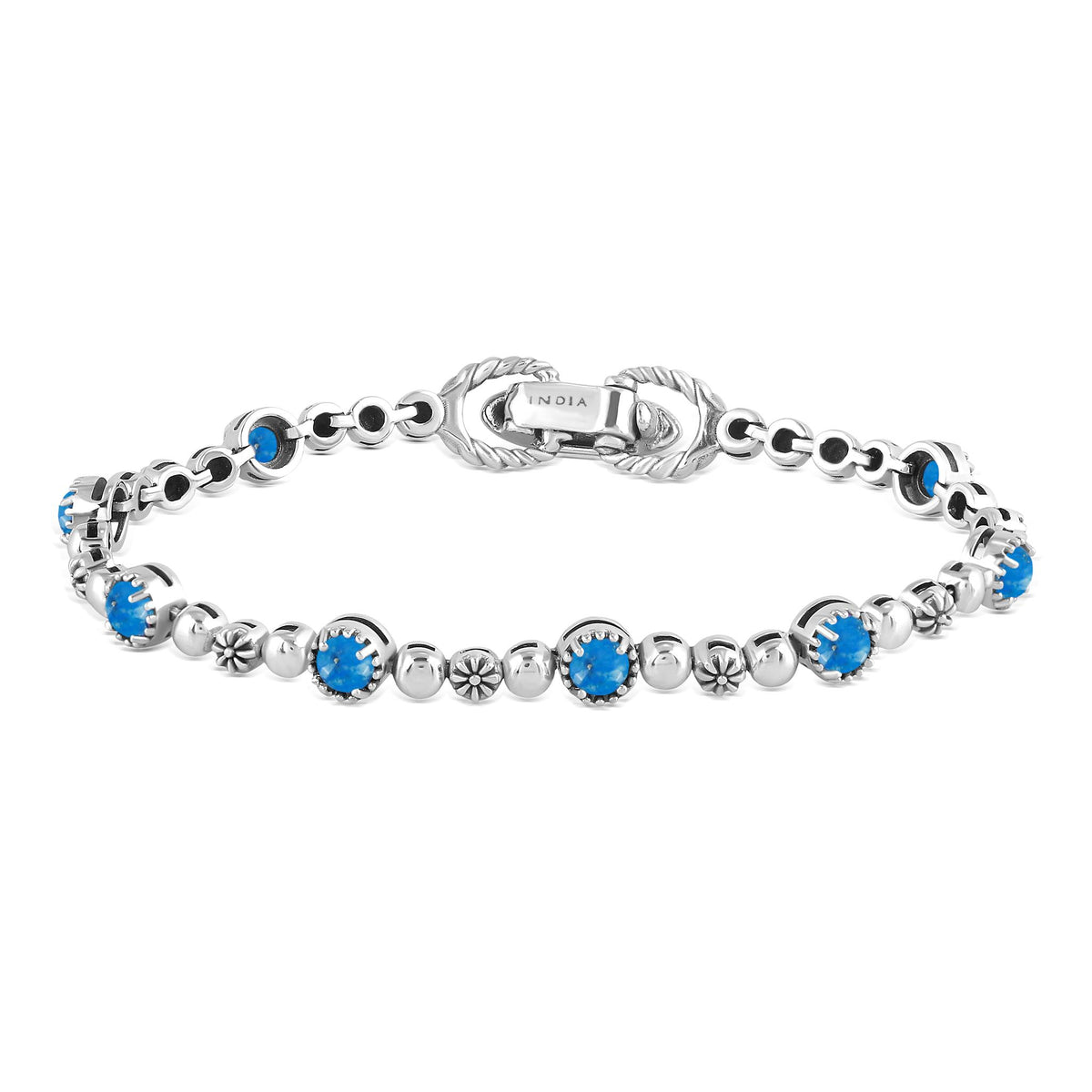 Sterling Silver Denim Lapis Round Beaded Bracelet
