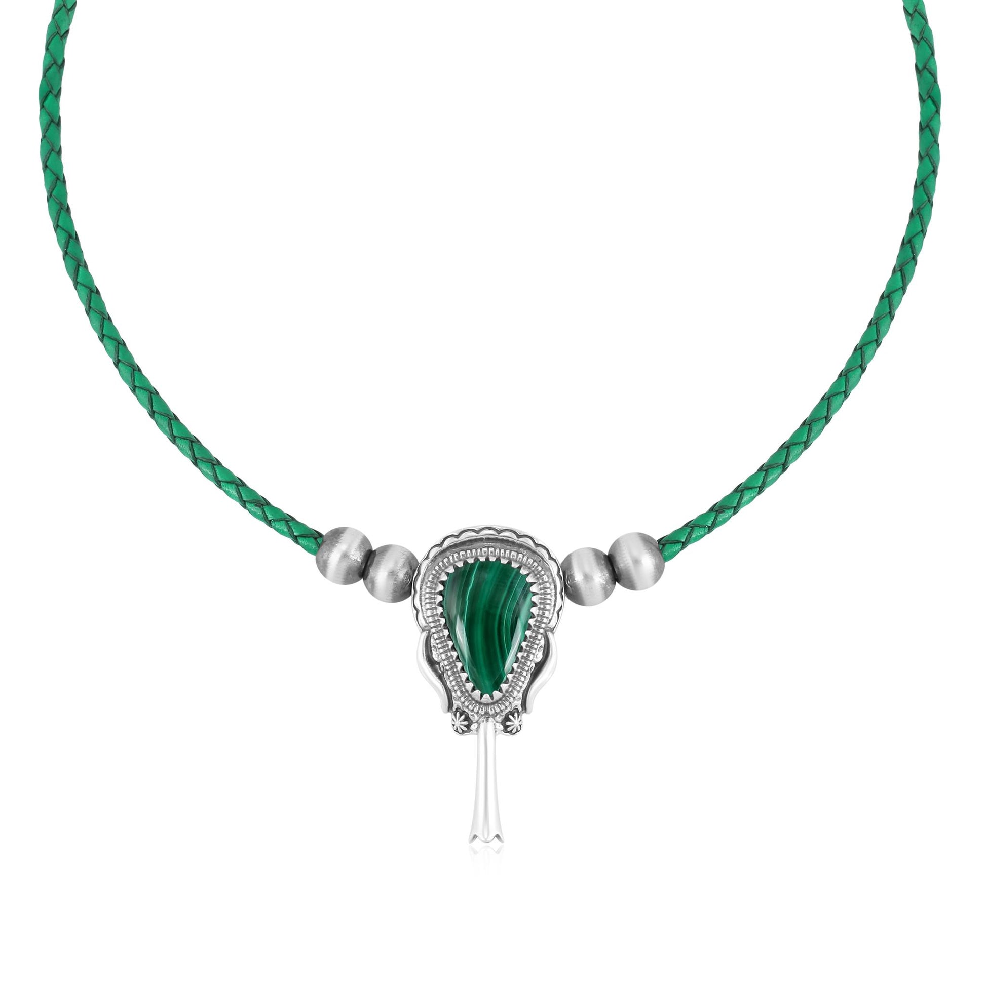 Sterling Silver Malachite Green Leather Squash Blossom Necklace