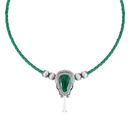 Sterling Silver Malachite Green Leather Squash Blossom Necklace
