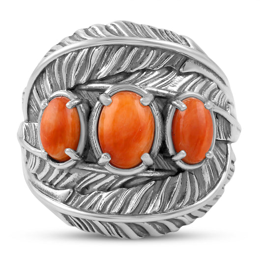 Sterling Silver Orange Spiny Oyster Three-Stone Oval Cut Feather Ring