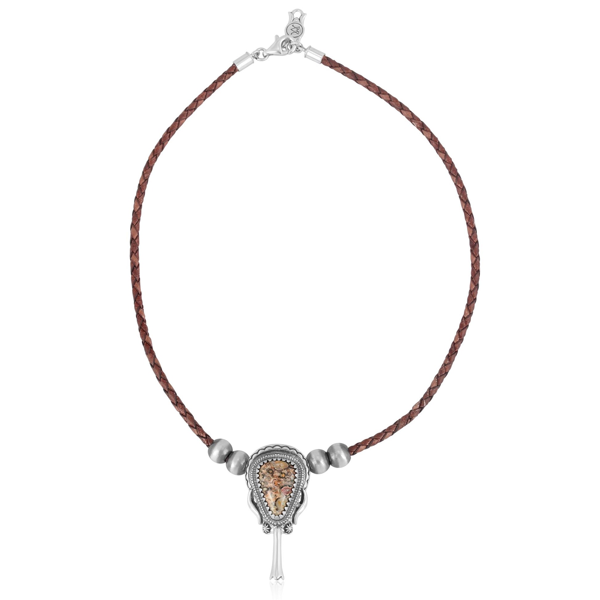 Sterling Silver Leopard Jasper Brown Leather Squash Blossom Necklace