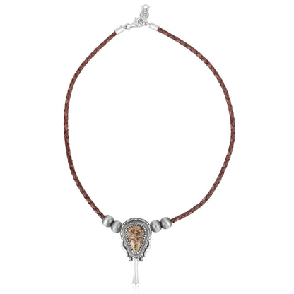 Sterling Silver Leopard Jasper Brown Leather Squash Blossom Necklace