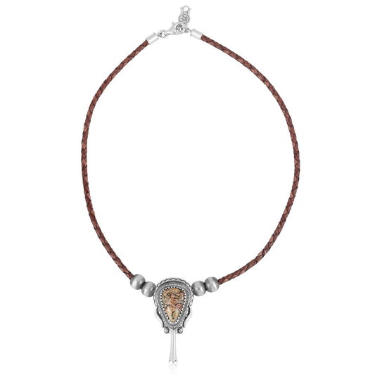 Sterling Silver Leopard Jasper Brown Leather Squash Blossom Necklace