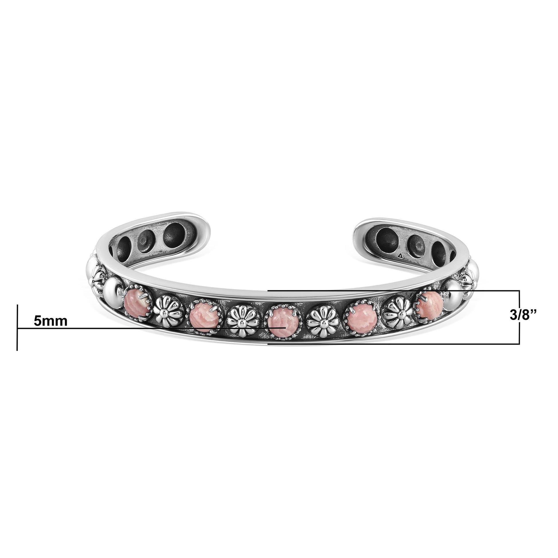 Sterling Silver Rhodochrosite Concha Flower Narrow Cuff Bracelet, Sizes Small to Large