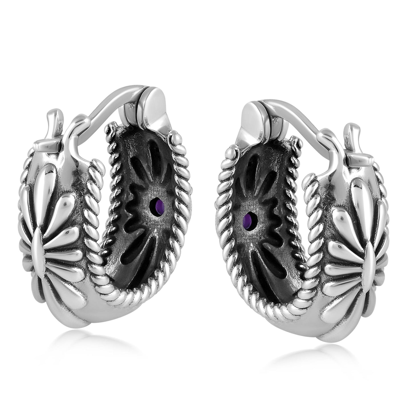 EXCLUSIVELY OURS! Sterling Silver Charoite Rope and Flower Design Hoop Earrings