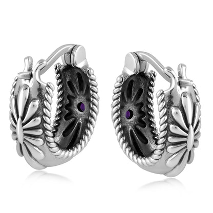 EXCLUSIVELY OURS! Sterling Silver Charoite Rope and Flower Design Hoop Earrings