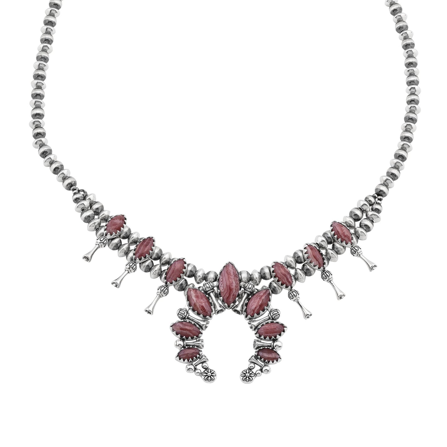  Sterling Silver Rhodochrosite Marquise-Cut Squash Blossom Necklace 