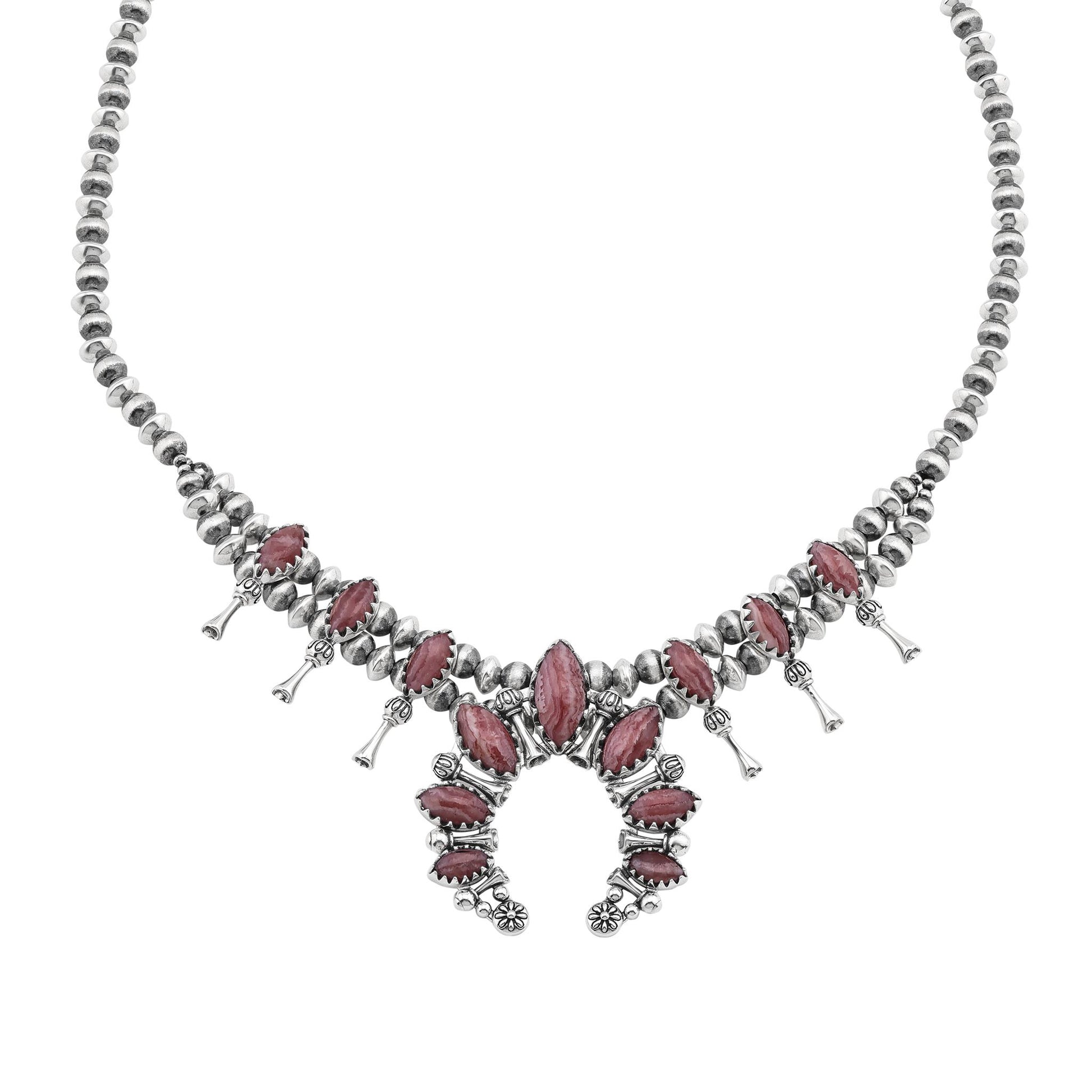  Sterling Silver Rhodochrosite Marquise-Cut Squash Blossom Necklace 
