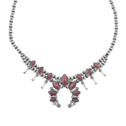  Sterling Silver Rhodochrosite Marquise-Cut Squash Blossom Necklace 