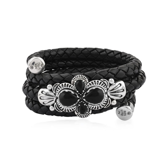  Sterling Silver Black Onyx Pear Cluster Black Leather Wrap Bracelet 