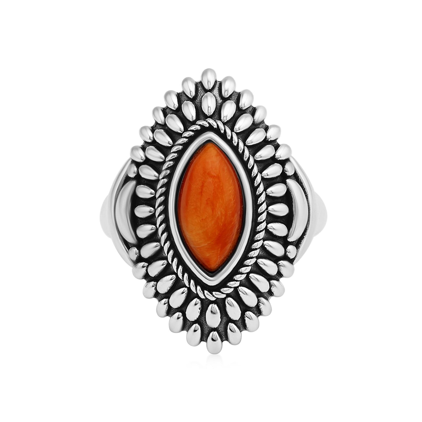Sterling Silver Orange Spiny Oyster Marquise Cut Rope and Bead Ring