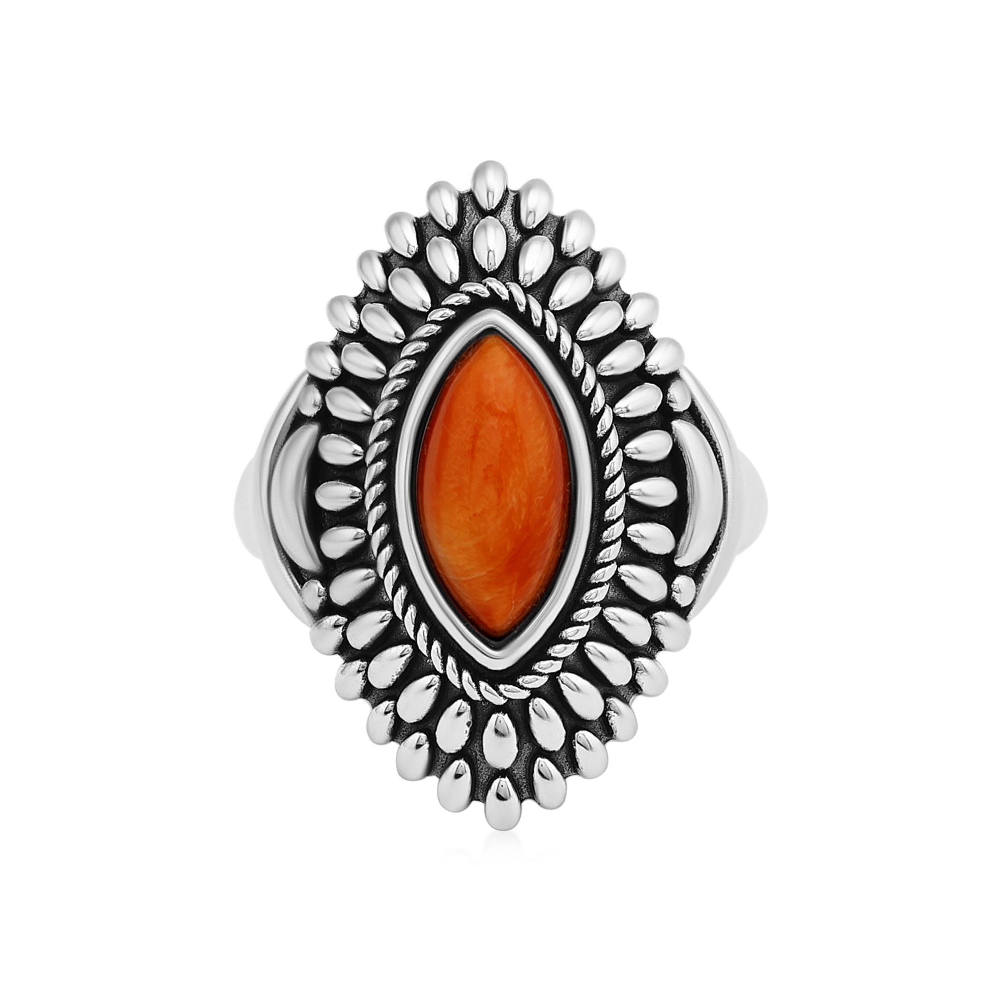 Sterling Silver Orange Spiny Oyster Marquise Cut Rope and Bead Ring