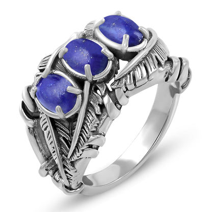Sterling Silver Lapis Three Stone Feather Ring
