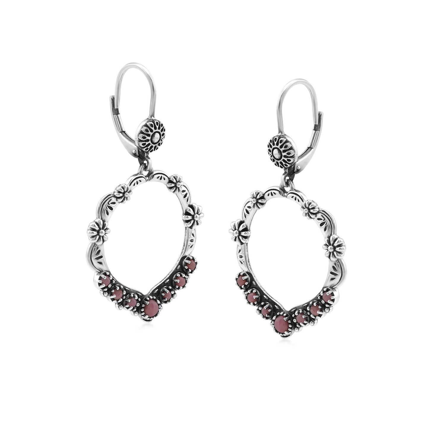 Sterling Silver Rhodonite Open Hoop Concha Lever Back Earrings