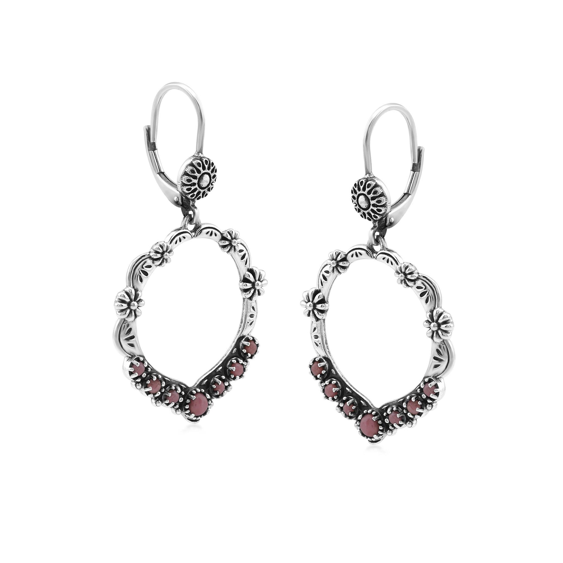 Sterling Silver Rhodonite Open Hoop Concha Lever Back Earrings