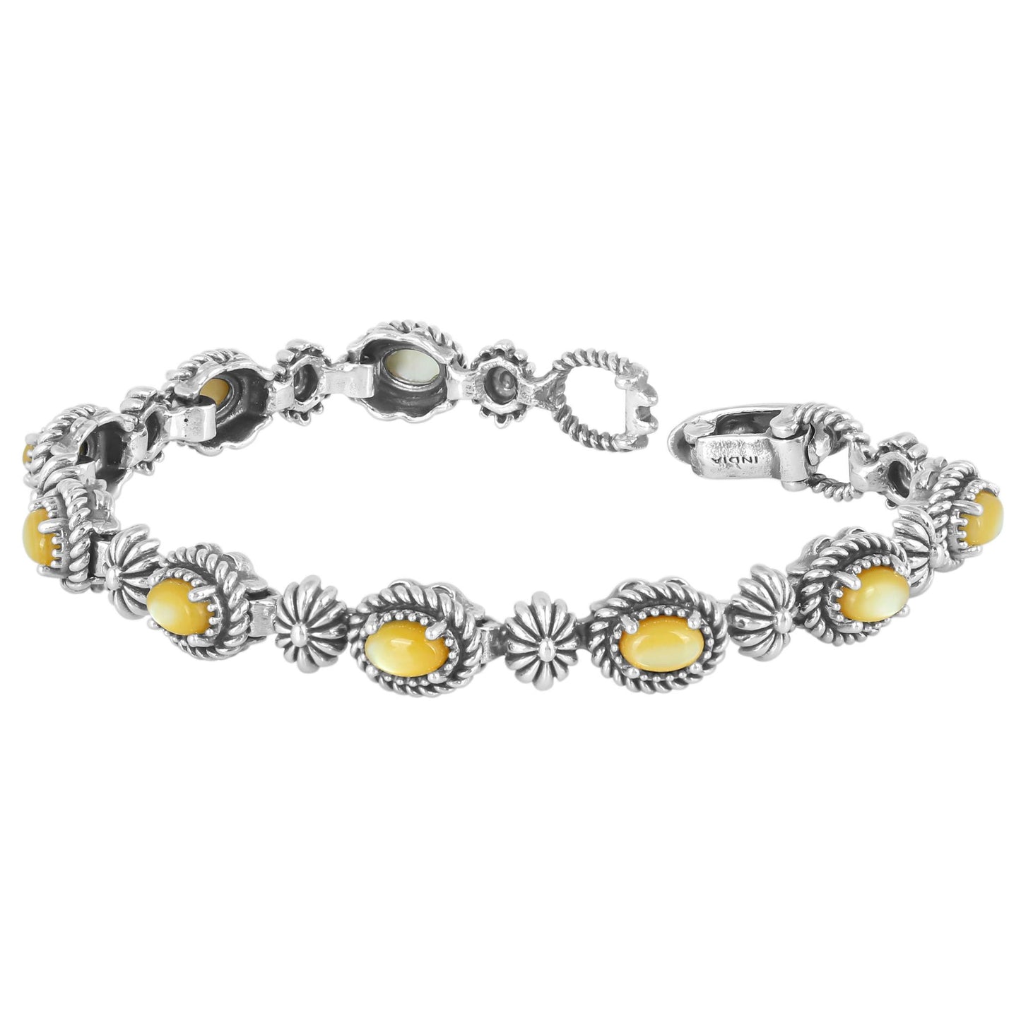 Sterling Silver Oval Yellow Mother of Pearl Tennis Bracelet