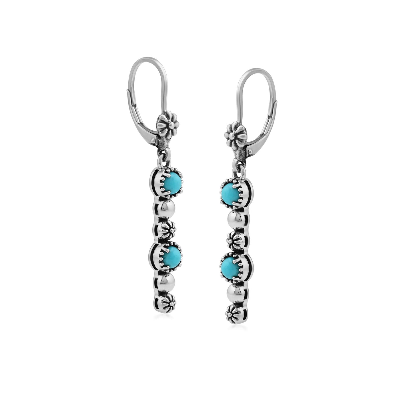 Sterling Silver Sleeping Beauty Turquoise Round Gemstone and Concha Linear Lever Back Earrings