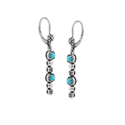 Sterling Silver Sleeping Beauty Turquoise Round Gemstone and Concha Linear Lever Back Earrings