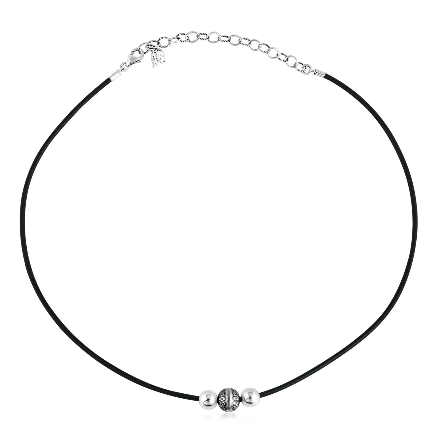 Sterling Silver Black Leather 3 Bead Necklace