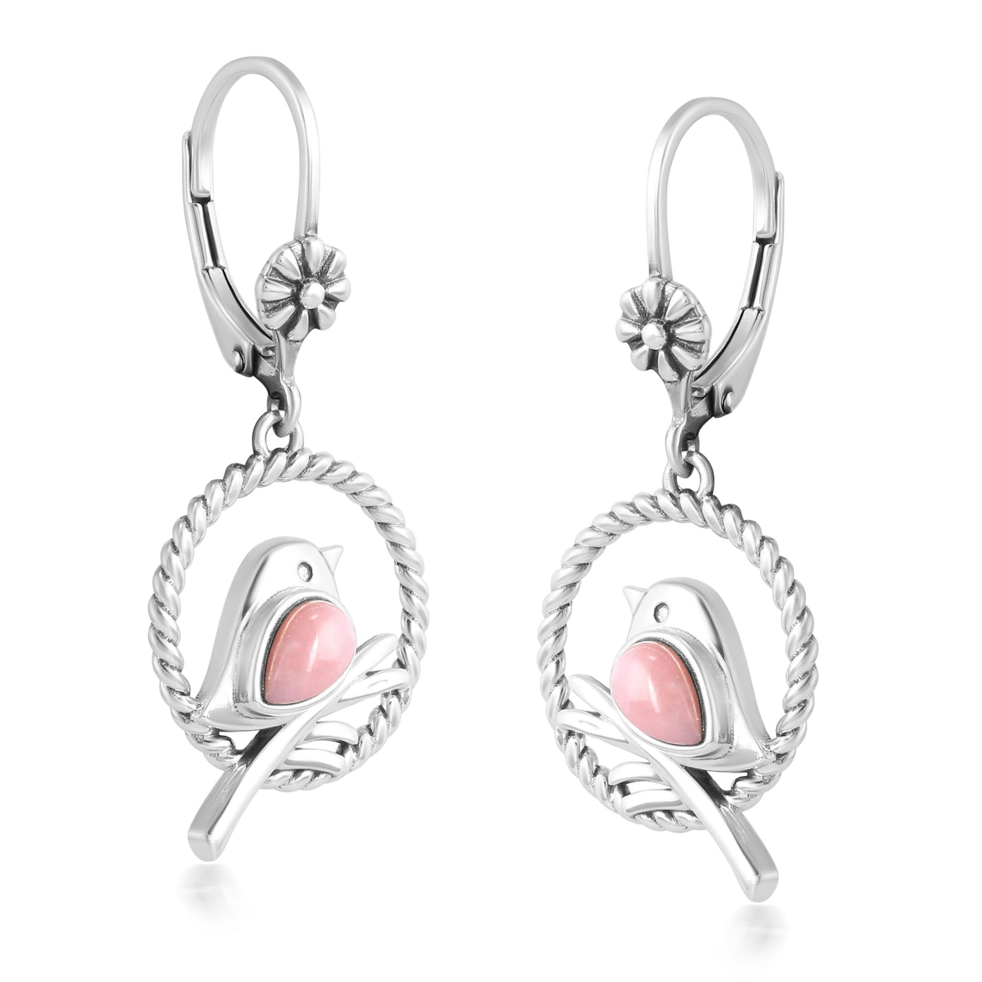 EXCLUSIVELY OURS! Sterling Silver Pink Opal Bird and Branch Open Circle Dangle Earrings