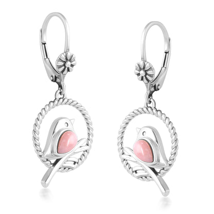 EXCLUSIVELY OURS! Sterling Silver Pink Opal Bird and Branch Open Circle Dangle Earrings
