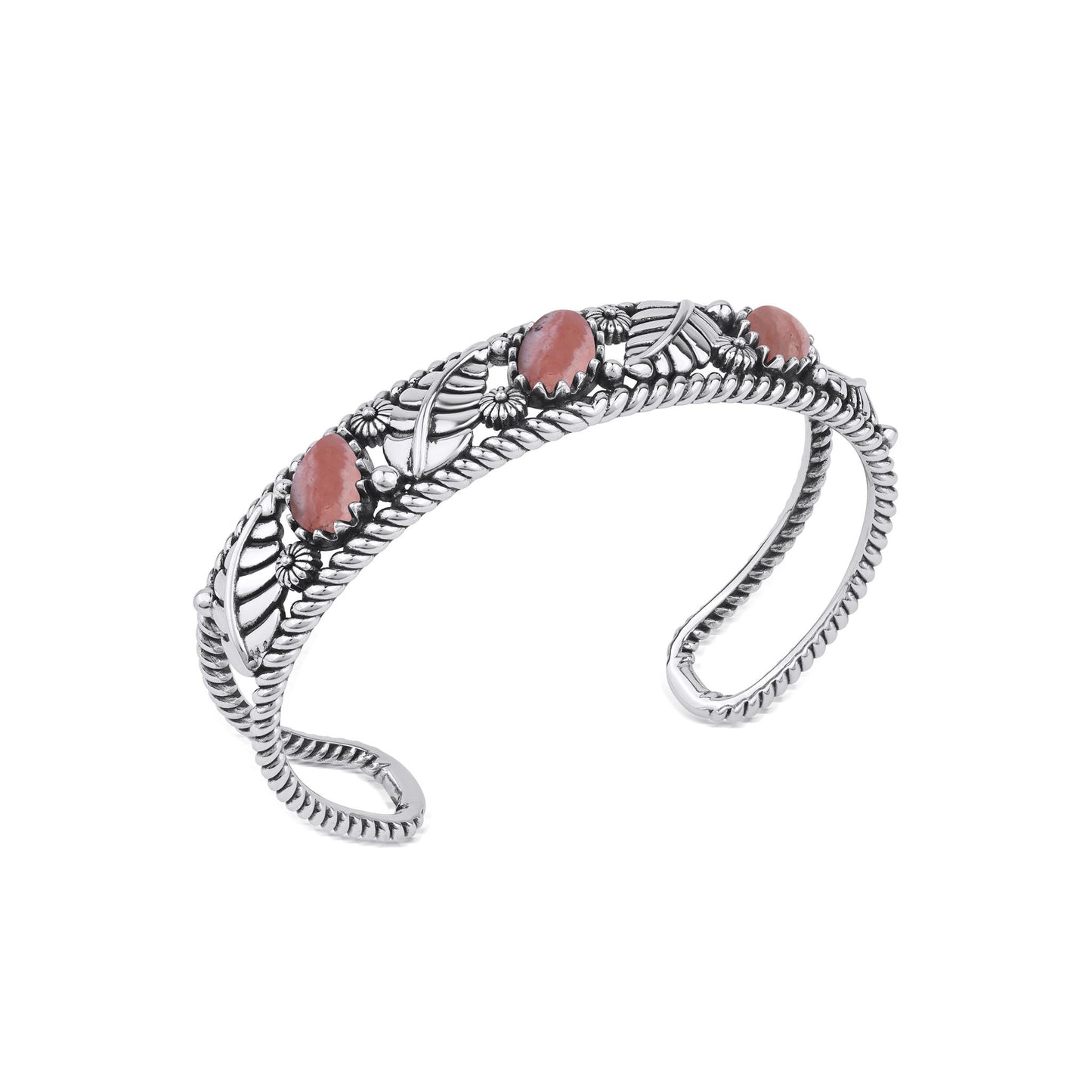  Sterling Silver Rhodochrosite Oval and Pear Leaf Cuff Bracelet