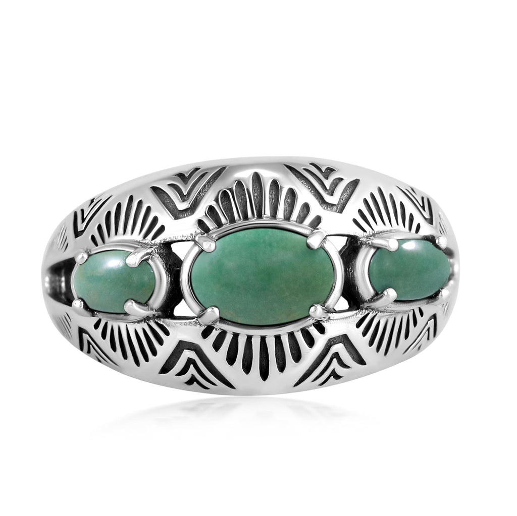 Sterling Silver Green Turquoise 3-Stone Oval Band Ring, Sizes 5 to 11