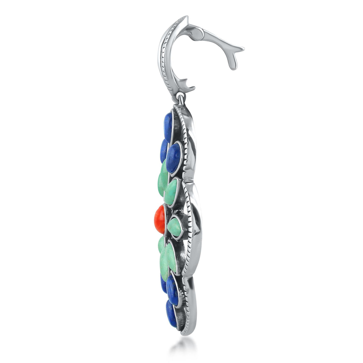 Sterling Silver Green Turquoise Lapis and Orange Spiny Oyster Oval Cluster Pendant Enhancer