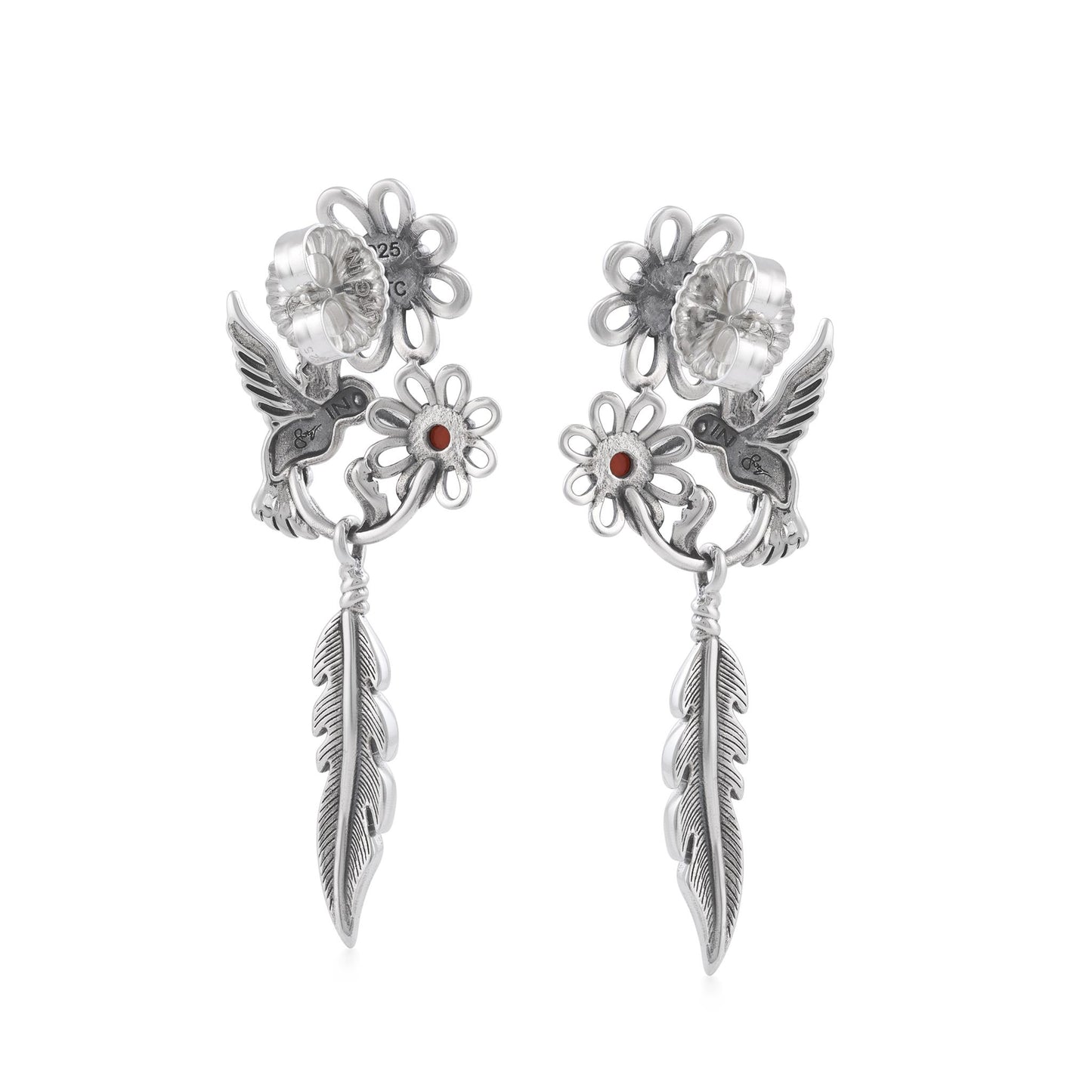 Sterling Silver Kingman Turquoise and Orange Spiny Oyster Fritz Casuse Hummingbird Flower Earrings 